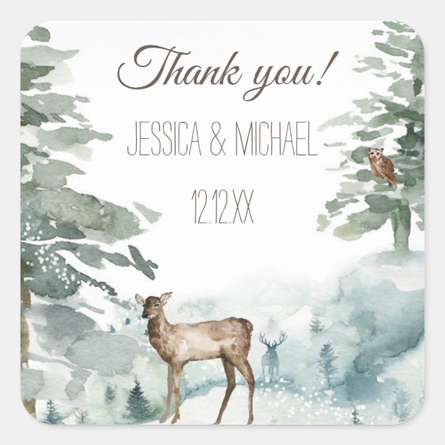 Rustic Deer Mountain Pine Thank You Square Sticker (Front)