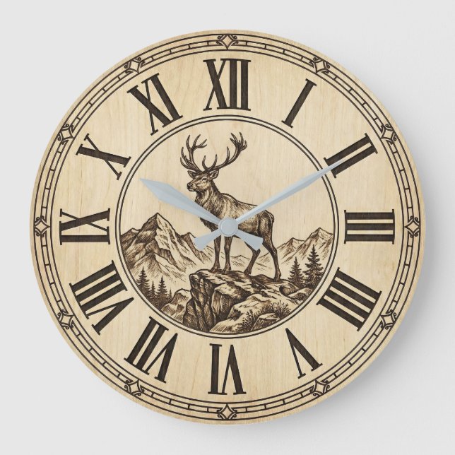 Rustic Deer Mountain Wall Clock | Wood-Look Cabin  (Front)