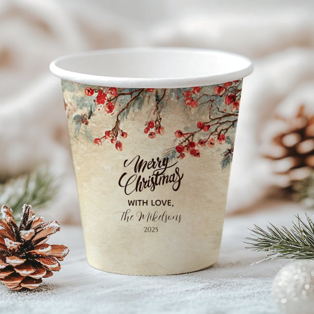 Rustic Deer Pine Berry Christmas Party Paper Cups (Creator Uploaded)