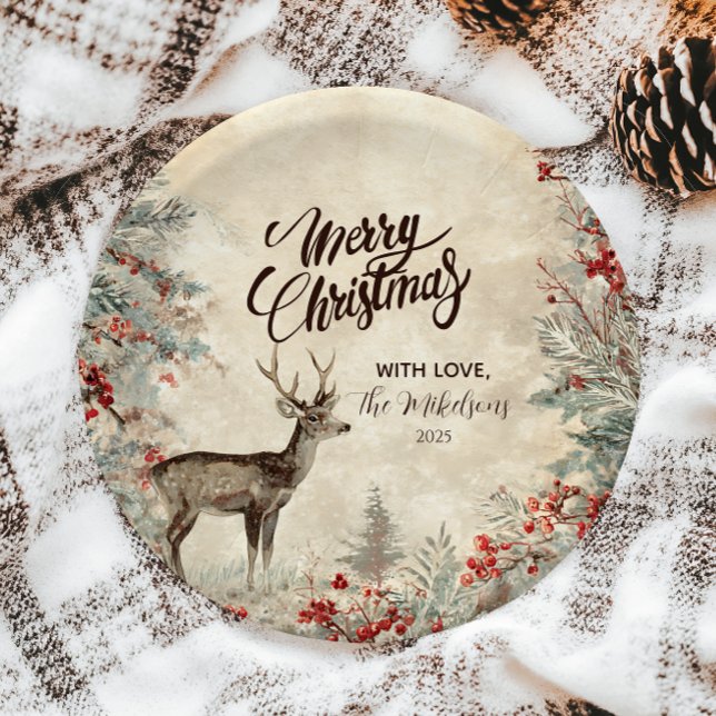Rustic Deer Pine Berry Christmas Party Paper Plate (Creator Uploaded)