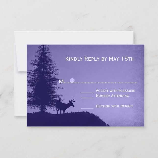 Rustic Deer Pine Tree Purple Wedding RSVP Cards (Front)