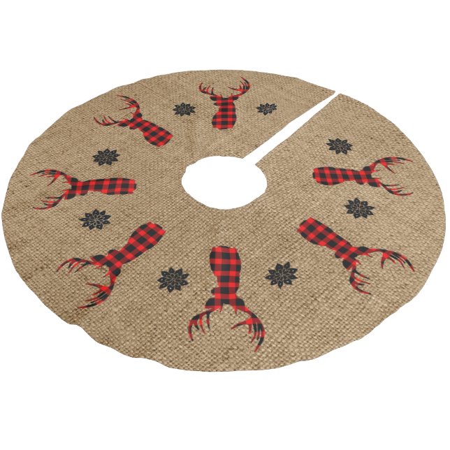 Rustic Deer Plaid Burlap Brushed Polyester Tree Skirt (Angled)