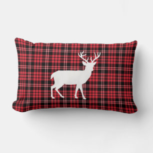 Rustic Deer Red And Black Plaid Pattern Lumbar Cushion