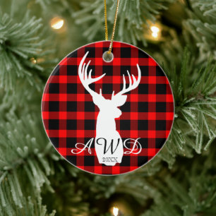 Rustic Deer Red Buffalo Plaid Ceramic Tree Decoration