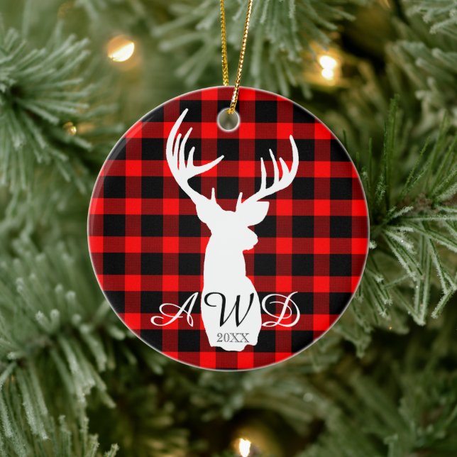 Rustic Deer Red Buffalo Plaid Ceramic Tree Decoration (Tree)