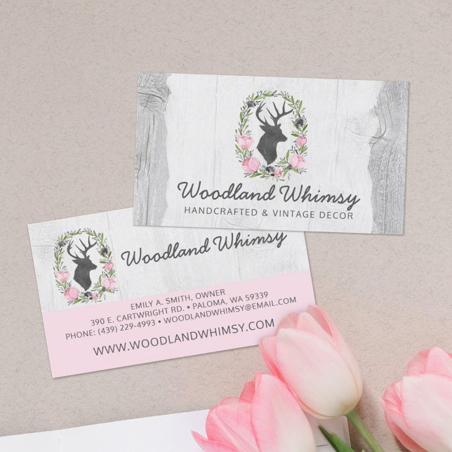 Rustic Deer Silhouette Floral Wreath Cameo on Wood Business Card (Creator Uploaded)