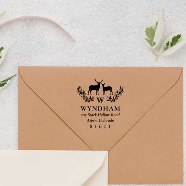 Rustic Deer Wreath Monogram Name Address Self-inking Stamp (Creator Uploaded)
