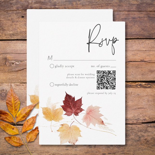 Rustic Delicate Burgundy Rust Fall Leaves QR Code RSVP Card (Rustic Delicate Burgundy Rust Fall Leaves QR Code RSVP Card)