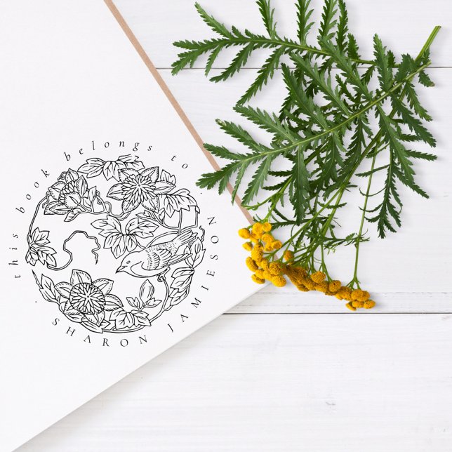 Rustic Delicate Floral Bird Custom Name Library  Rubber Stamp (Creator Uploaded)