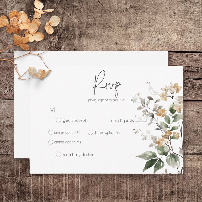 Rustic Delicate Tan Fall Wildflowers Dinner RSVP Card (Rustic Delicate Tan Fall Wildflowers Wedding Response Card with Dinner Options)