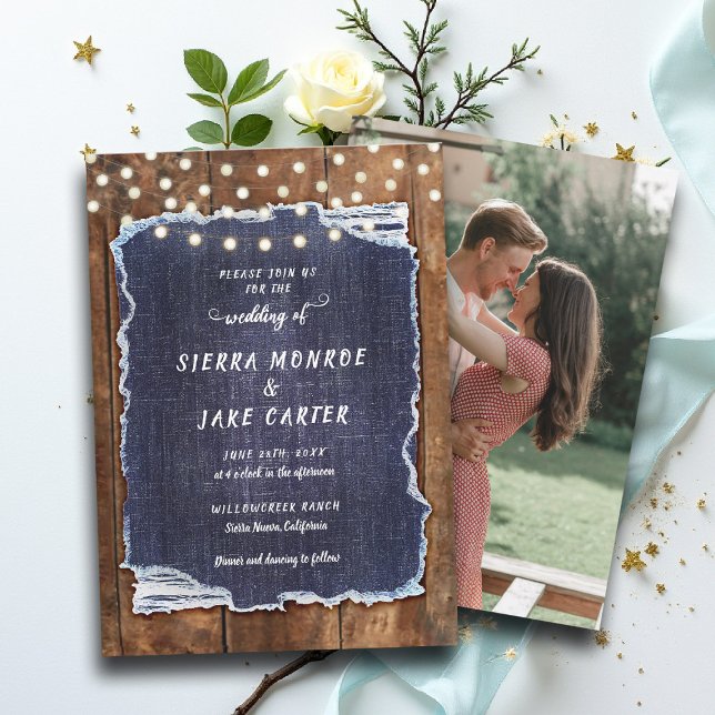 Rustic Denim Barn Lights Country Cowboy Wedding Invitation (cowboy wedding invitation country chic denim rustic barn lights backyard outdoors elegant classy)