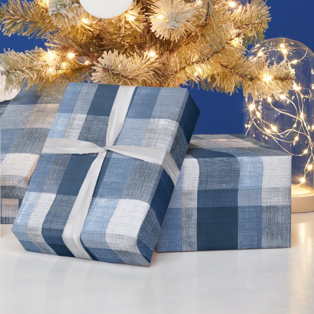 Rustic Denim Blue Farm Check Faded Plaid Pattern Wrapping Paper (Holidays)