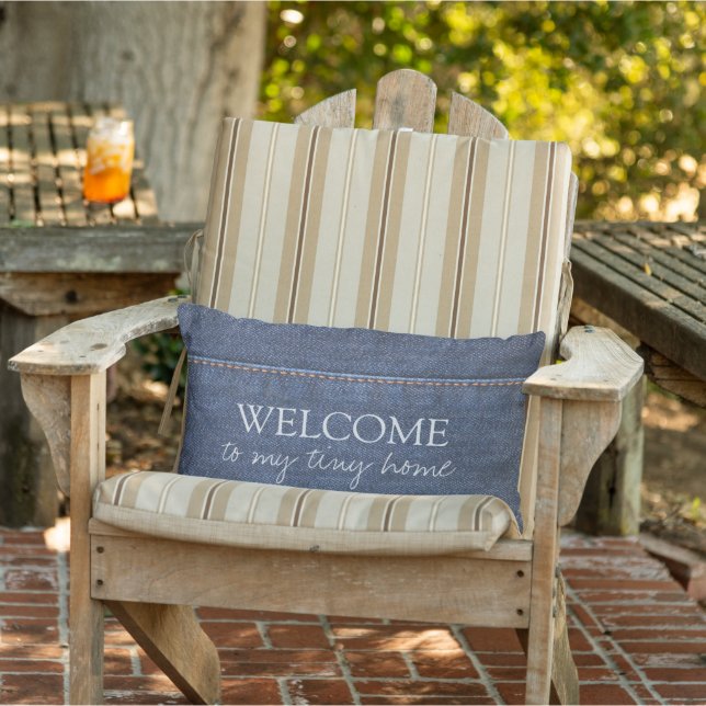 Rustic denim blue pattern Welcome to my tiny home Lumbar Cushion (Chair)