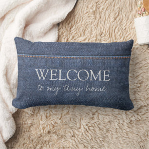 Rustic denim blue pattern Welcome to my tiny home Lumbar Cushion