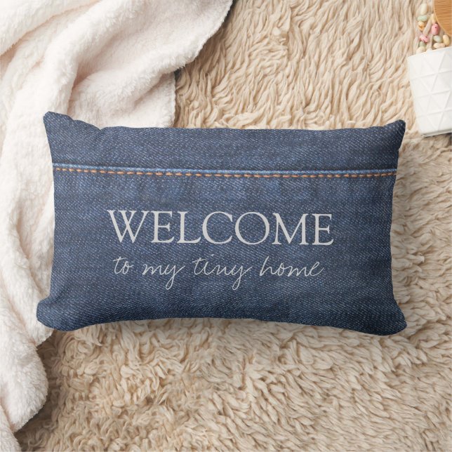 Rustic denim blue pattern Welcome to my tiny home Lumbar Cushion (Blanket)