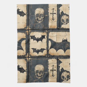 Rustic Denim Halloween Patchwork Pattern Tea Towel