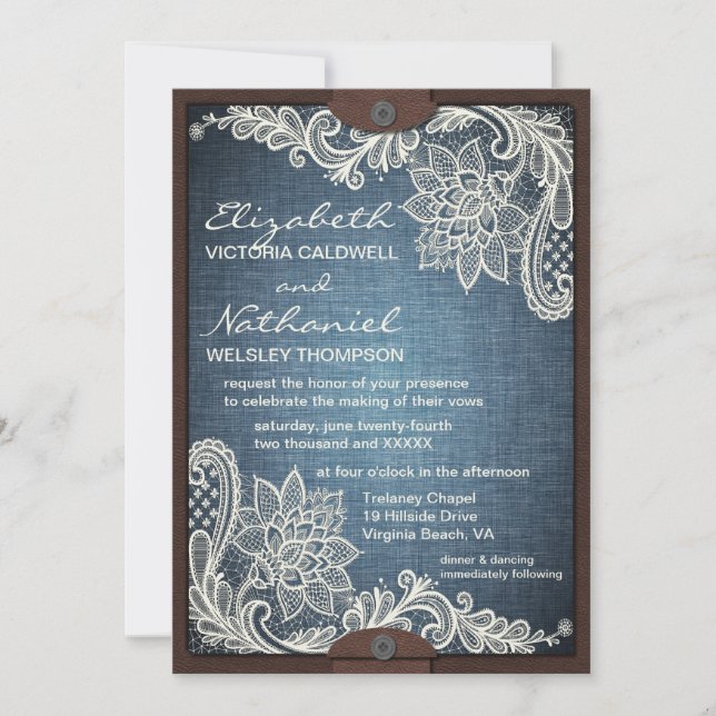 Rustic Denim Lace & Leather Wedding Invitation (Front)