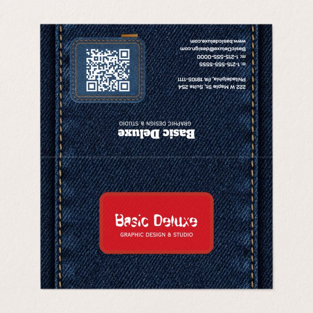 Rustic Denim Patch Business Card | Dark Blue Jean  (Outside Unfolded)