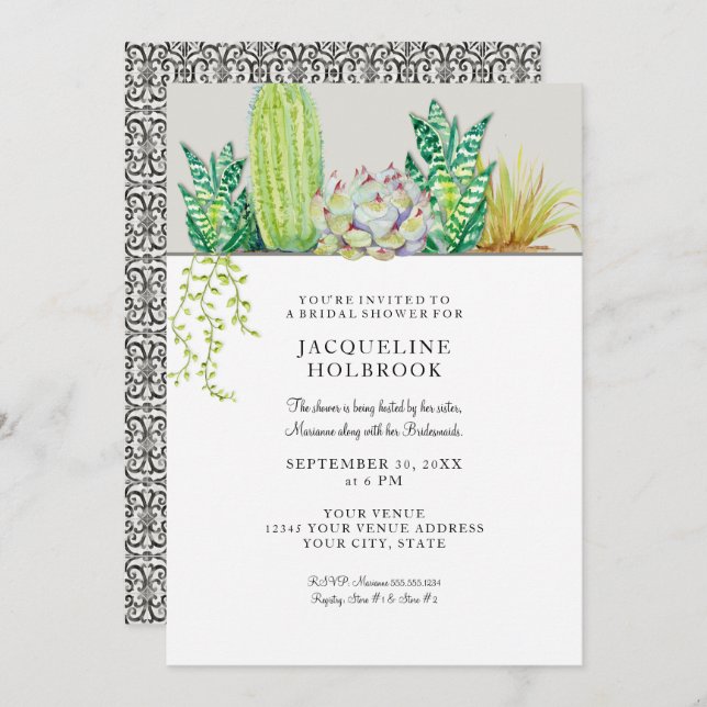 Rustic Desert Cactus Bridal Shower Watercolor Invitation (Front/Back)