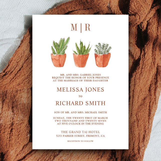 Rustic Desert Cactus Terracotta Pots Wedding Invitation (Creator Uploaded)