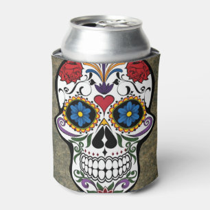 Rustic Dia De Los Muertos Red Rose Sugar Skull Can Cooler