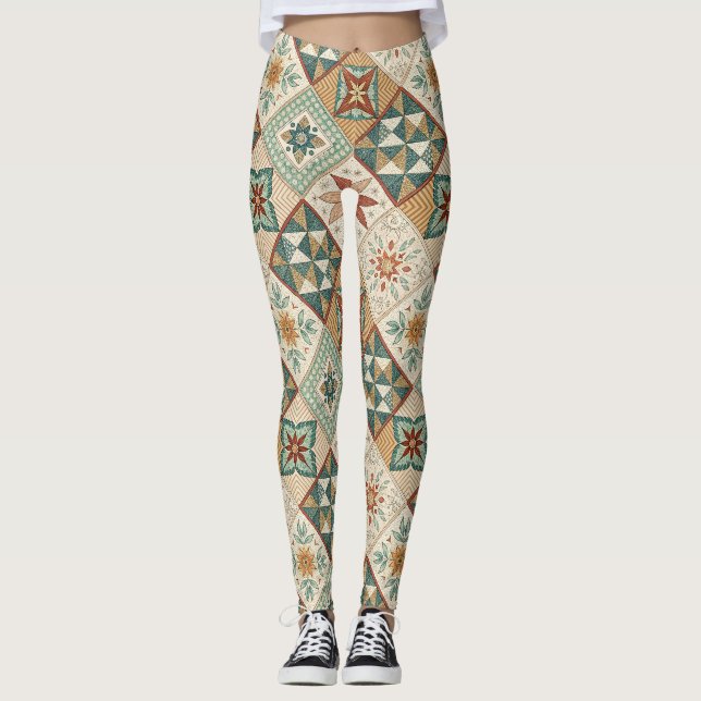 Rustic Diamond Patchwork Pattern - Geometric Leggings (Front)