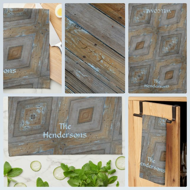 Rustic Diamond Pattern Aged Wood Brown Blue Tea Towel (Creator Uploaded)