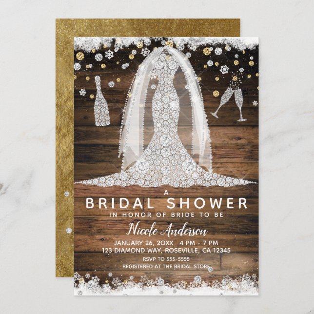 Rustic Diamond Wedding Dress Gold Bridal Shower Invitation (Front/Back)