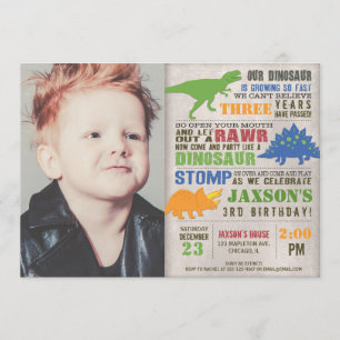 Rustic dinosaur birthday photo boy first 1st invitation