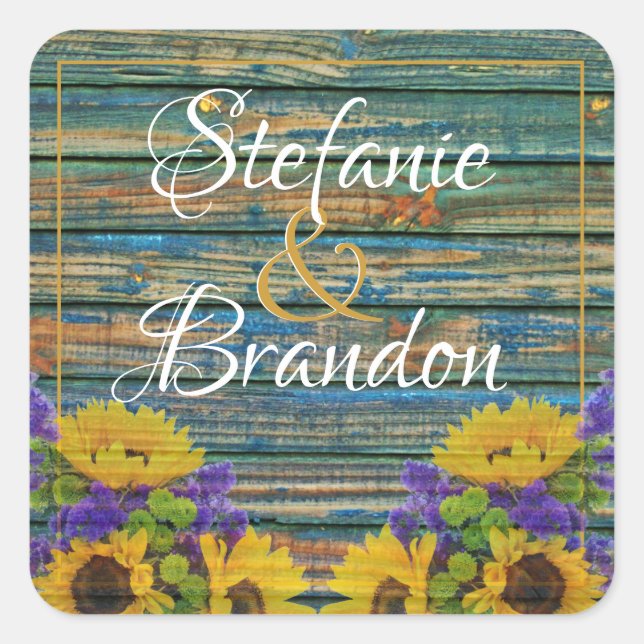 Rustic Distressed Blue Fence & Daisies Square Sticker (Front)