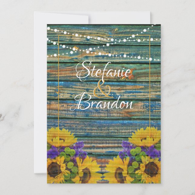 Rustic Distressed Blue Fence & Daisies (twinkly) Invitation (Front)