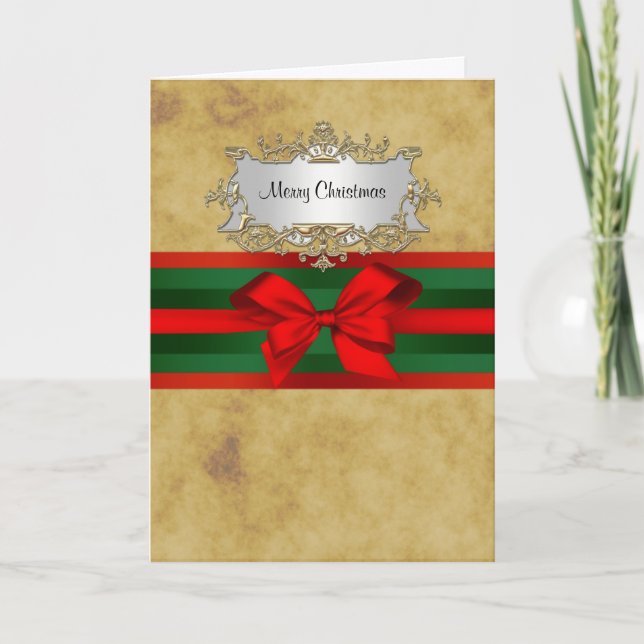 Rustic Distressed, Red & Green Ribbon Christmas Holiday Card (Front)