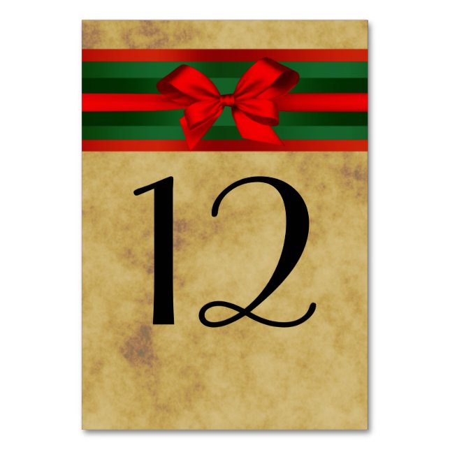 Rustic Distressed, Red & Green Ribbon Christmas Table Number (Front)
