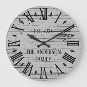 Rustic Distressed Wood Family Name Roman Numeral Large Clock