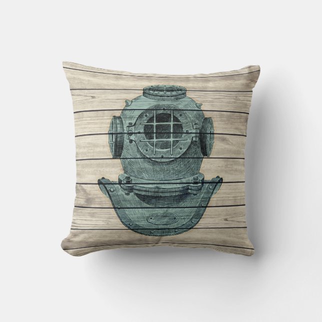 Rustic diver helmet in nautical vintage design cushion (Front)