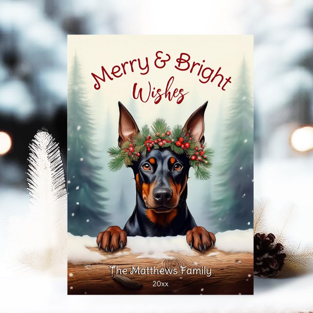 Rustic Doberman Pinscher Christmas Pet Portrait Holiday Card (Adorable Winter Snowy Scene With Peeking Dogs or Farm/Woodland Animals - Over 50 to Choose From!)