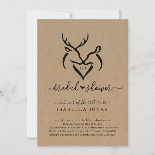 Rustic Doe & Deer Antlers Heart Bridal Shower Invitation (Front)