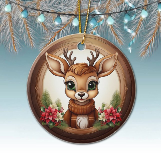 Rustic Doe Holiday Reindeer Festive Deer Xmas 🦌🎄 Ceramic Tree Decoration (Holiday Reindeer Festive poinsettia flower Ceramic Ornament Cute Winter Woodland Wildlife Deer 🦌🎄)