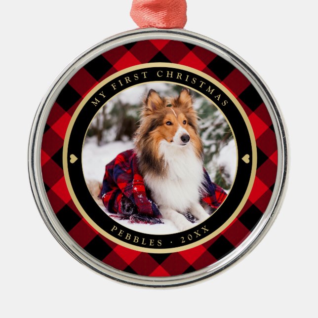 Rustic Dog First Christmas Red Buffalo Plaid Name Metal Tree Decoration (Front)