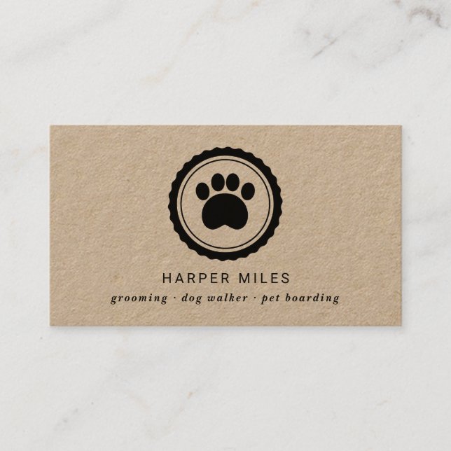 Rustic dog grooming paw print label business card (Front)