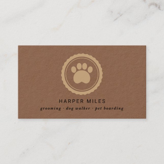 Rustic dog grooming paw print label business card (Front)