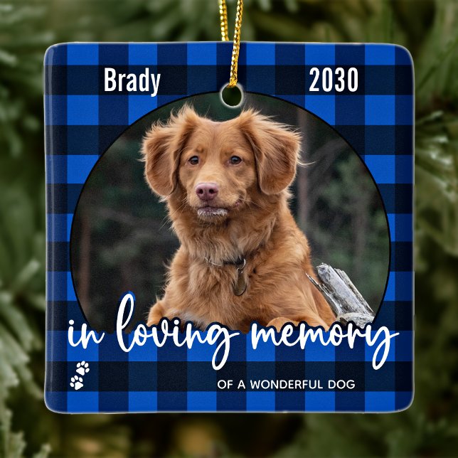 Rustic Dog Memorial Blue Plaid Pet Loss Keepsake Ceramic Ornament (Creator Uploaded)