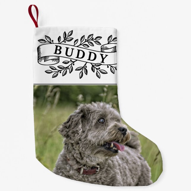Rustic Dog Photo and Name Festive Ribbon Small Christmas Stocking (Front)