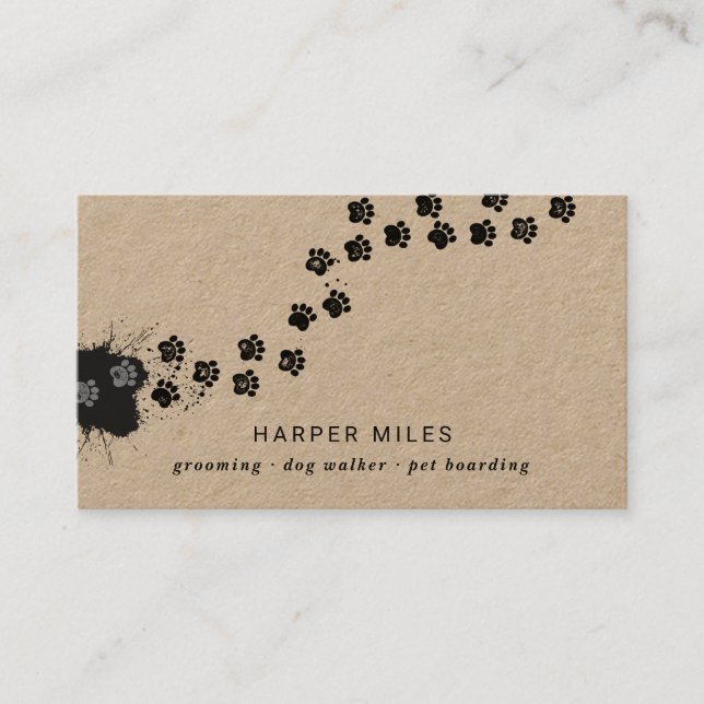 Rustic dog sitter paw path in paint business card (Front)