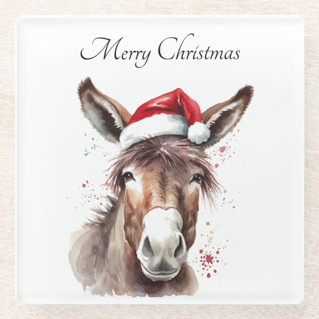 Rustic Donkey Christmas Barware Decor Glass Coaster (Front)