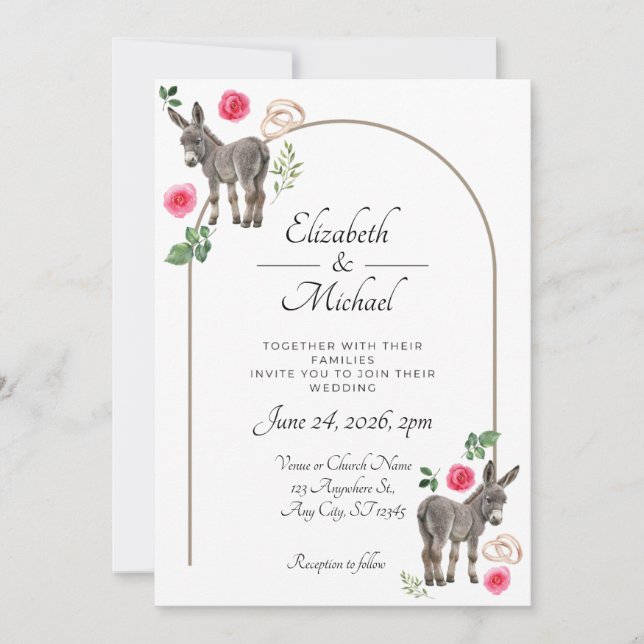 Rustic Donkey Floral Pink Wedding Invitation (Front)