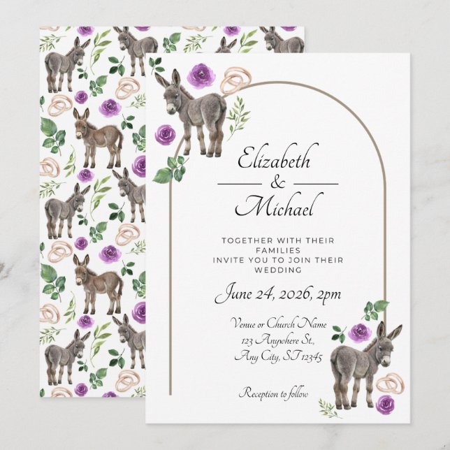 Rustic Donkey Floral Purple Wedding Invitation (Front/Back)