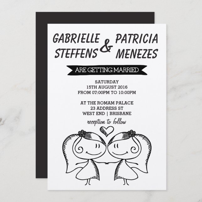 Rustic Doodle Couple Lesbian Wedding Invitation (Front/Back)