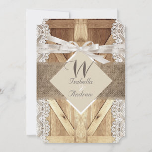 Rustic Door Wedding Beige White Lace Wood Burlap Invitation