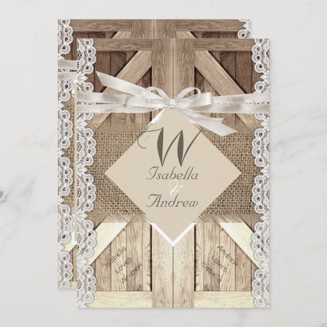 Rustic Door Wedding Lace Wood Burlap Writing 2a Invitation (Front/Back)